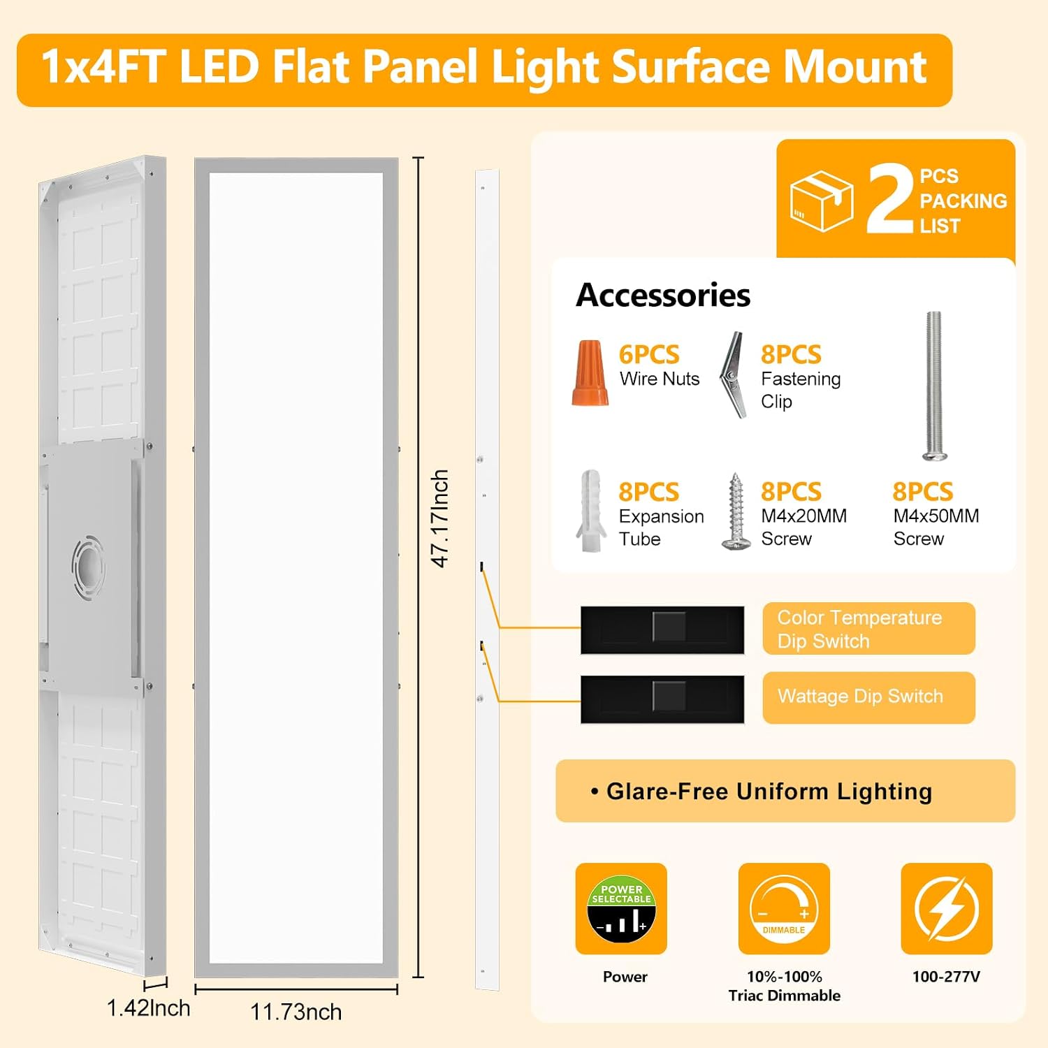 1x4 LED Flat Panel Light Surface Mount, Selectable 5CCT, 2 Pack