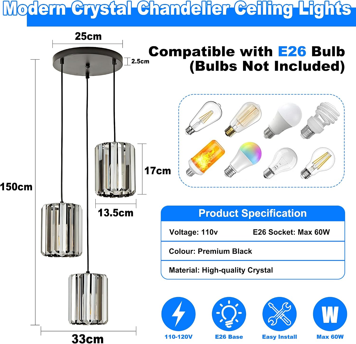 Black Crystal Chandelier Ceiling Lights, 3-Light