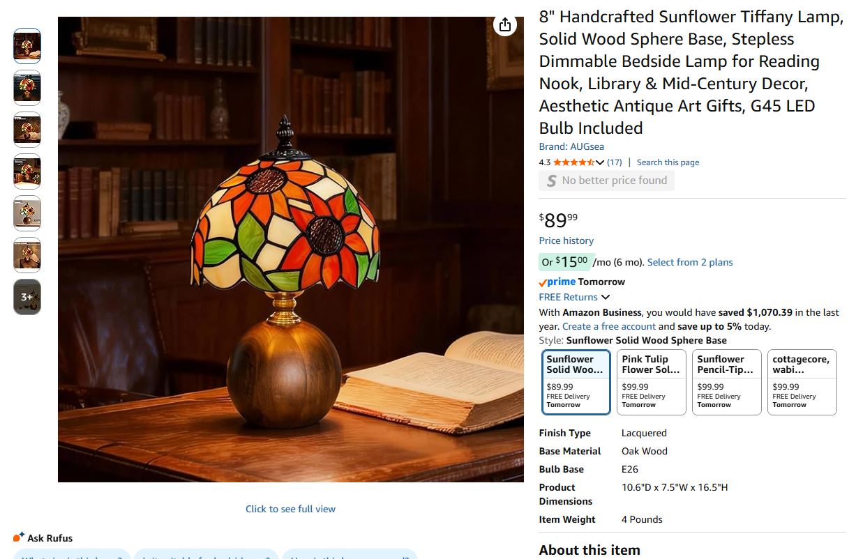 Handcrafted Sunflower Tiffany Lamp, Solid Wood