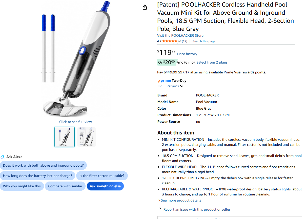 Cordless handheld pool vacuum