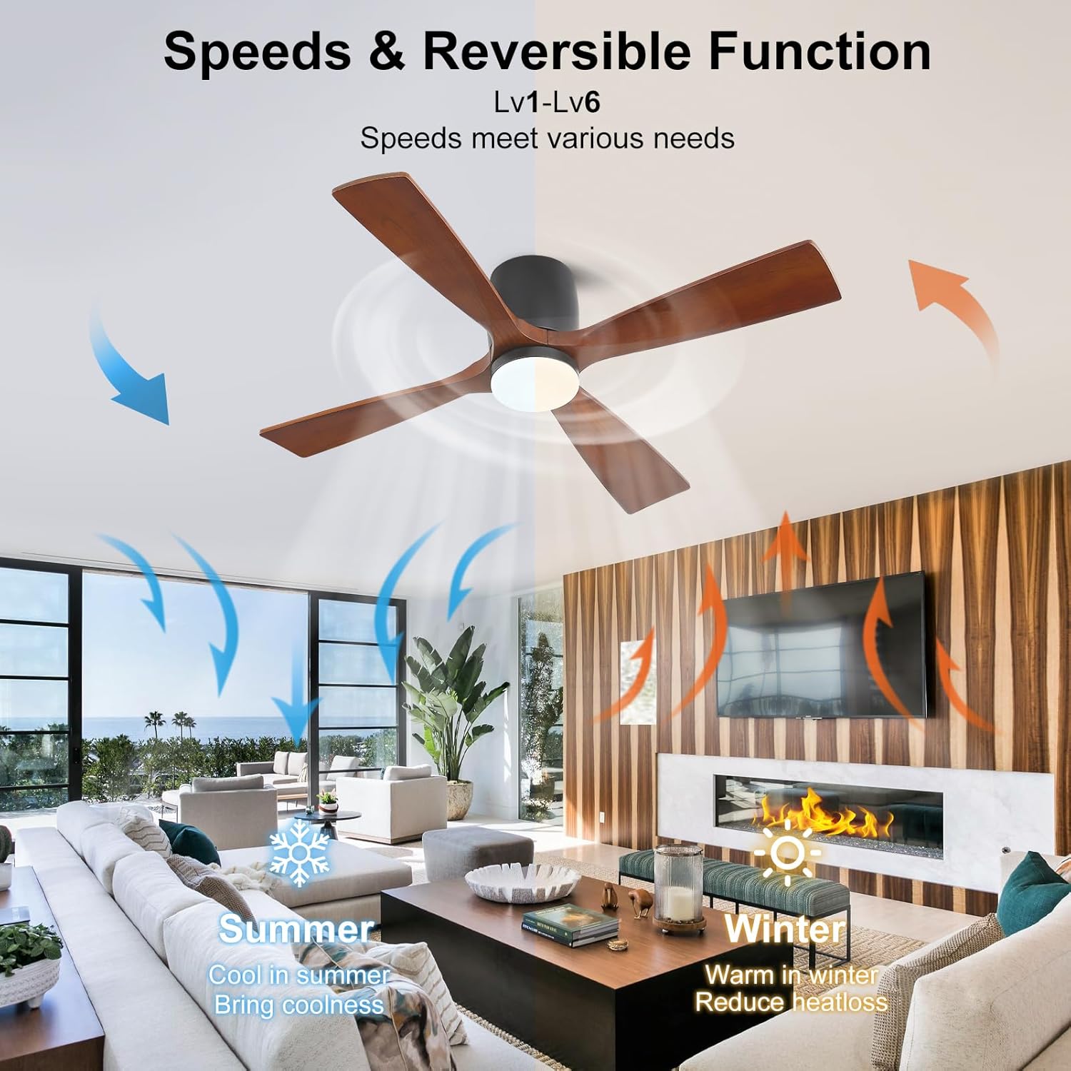 48 inch Fan Wood  Flush Mount Ceiling Fan with Lights