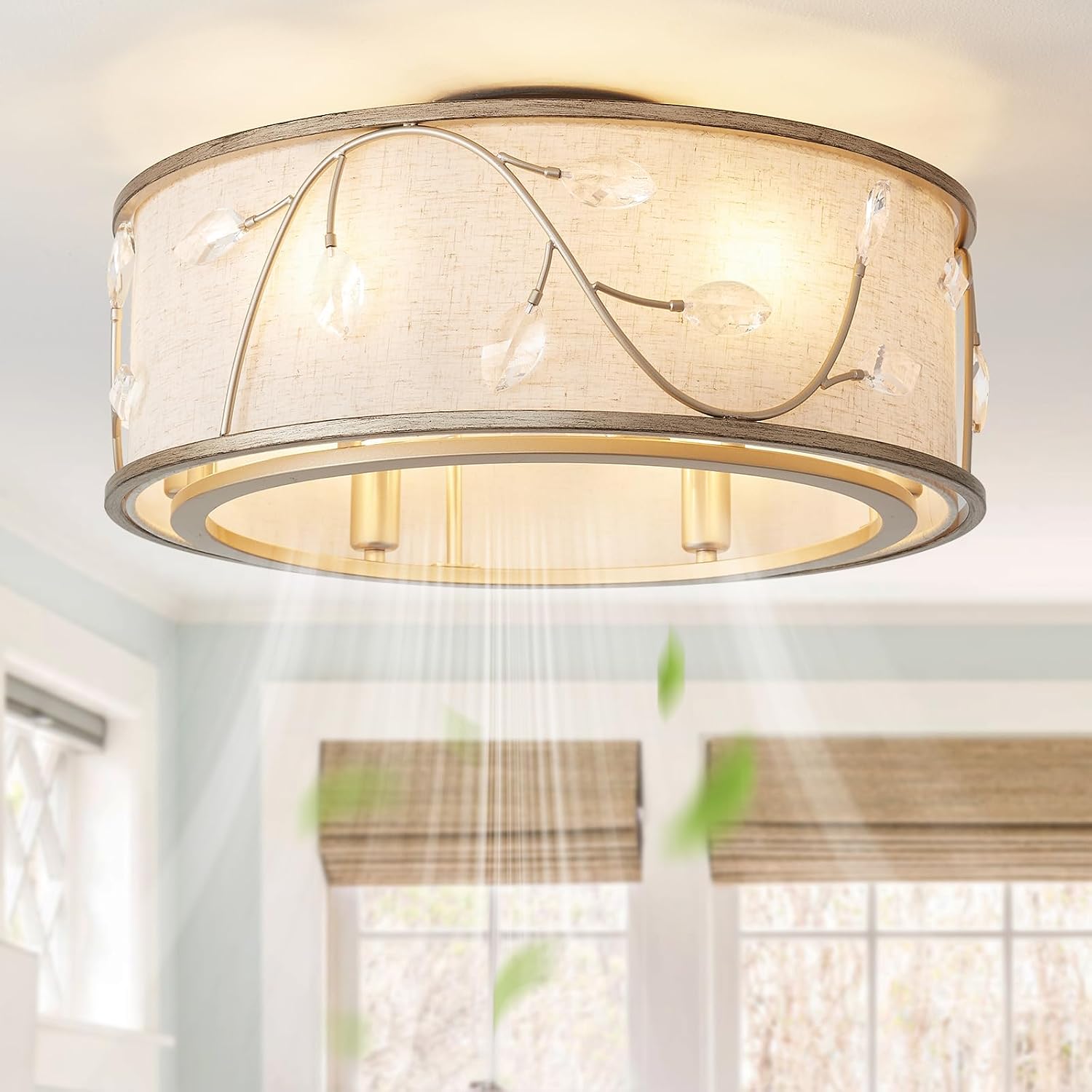 Gold Flush Mount Crystal Ceiling Fan, Lights  & remote