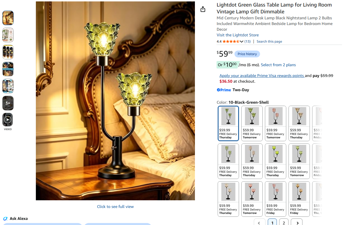 Green Glass Table Lamp with 2-Lights
