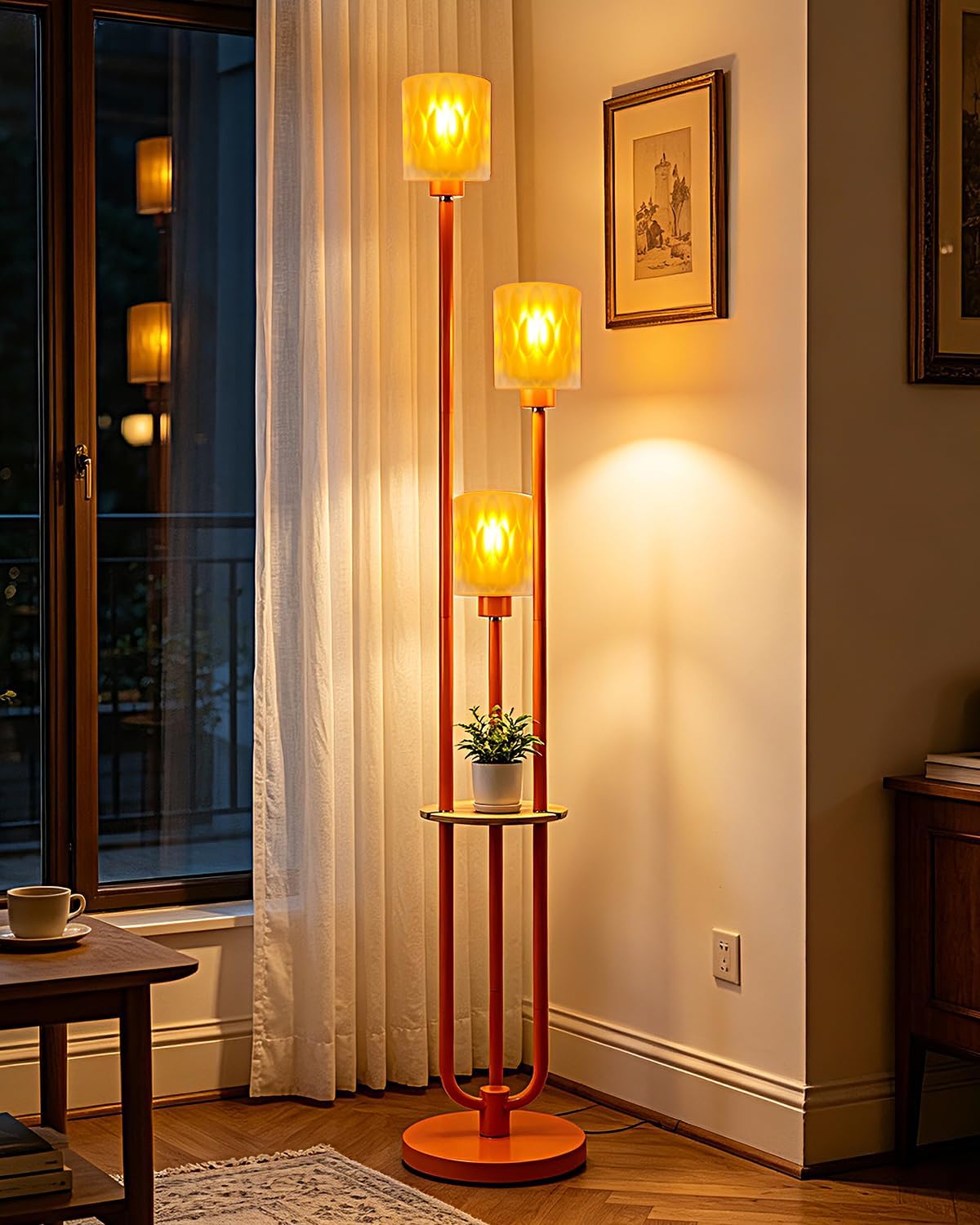 Glass Floor Lamp Dimmable 3-Light Farmhouse with shelf