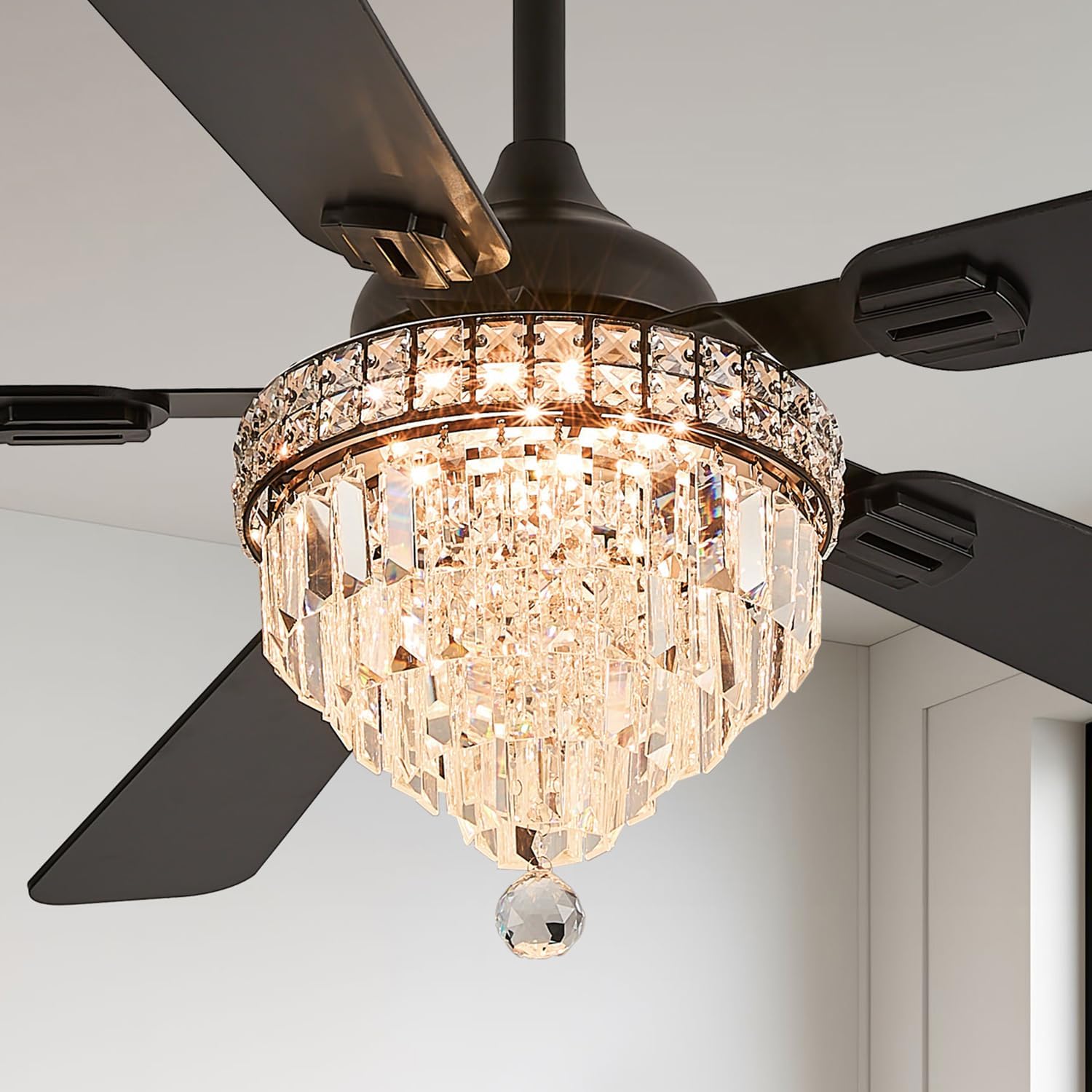 Crystal Chandelier Ceiling Fan with Lights and Remote, Black