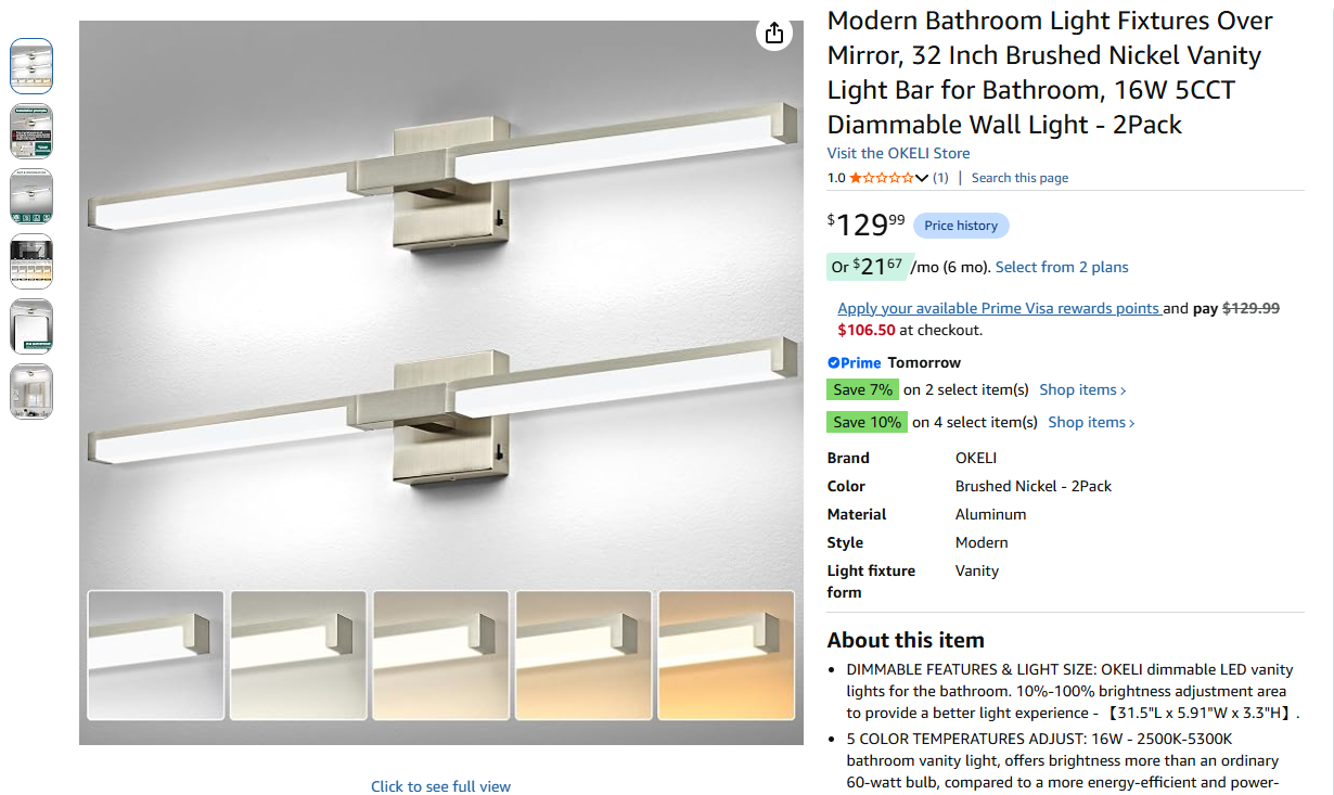 2 Pack Brushed Nickel Modern Bathroom Light Fixture