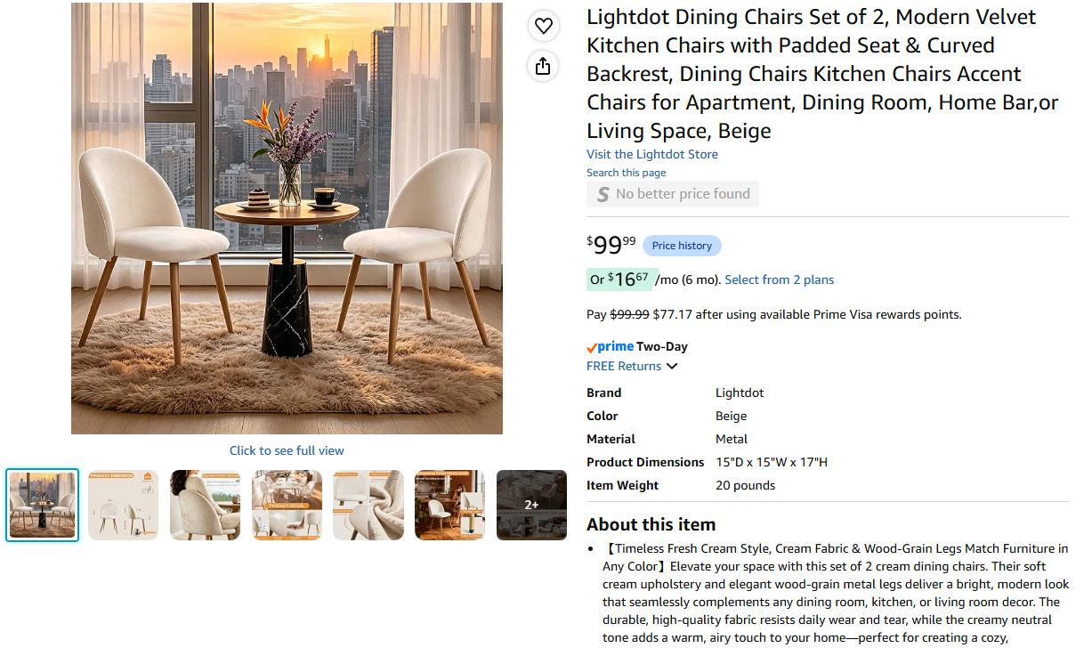 Dining Chairs Set of 2, Modern Velvet