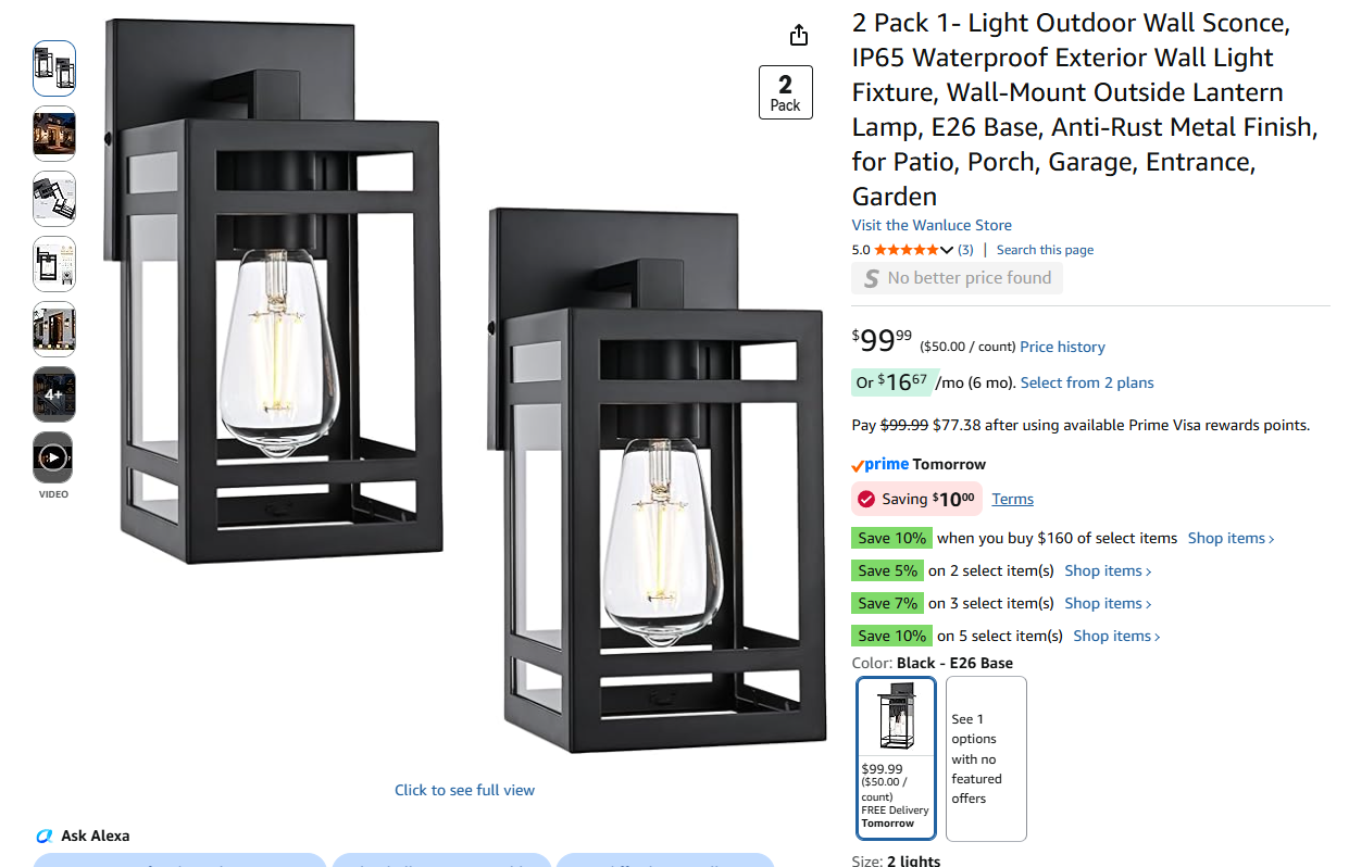 2 pack Outdoor Wall Sconce, IP65