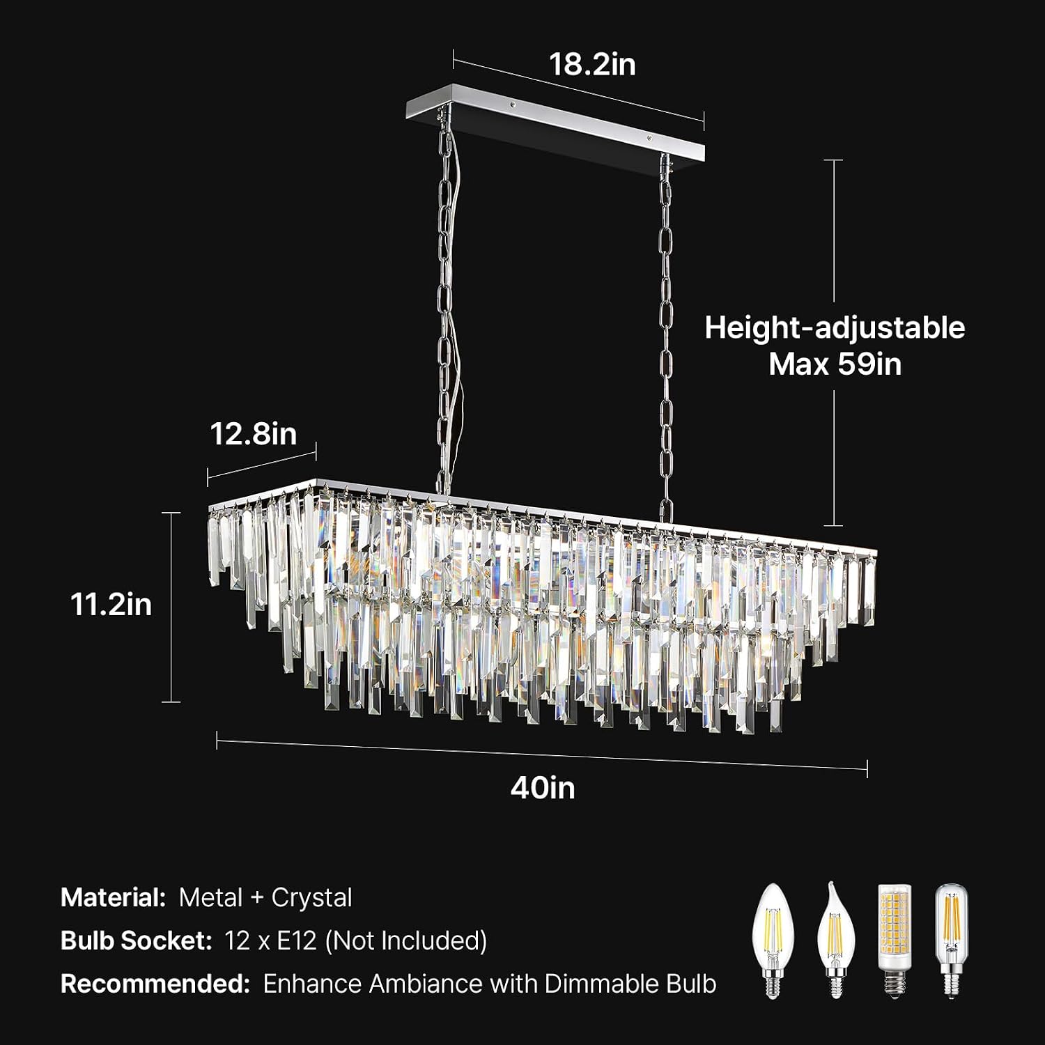 Modern Chrome Rectangle Crystal Chandelier: 2-Tier