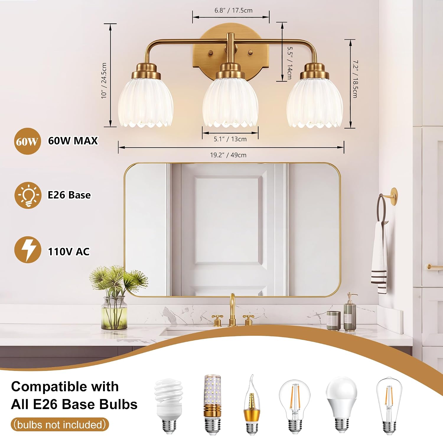 Vintage Vanity 3 Light Gold Bathroom