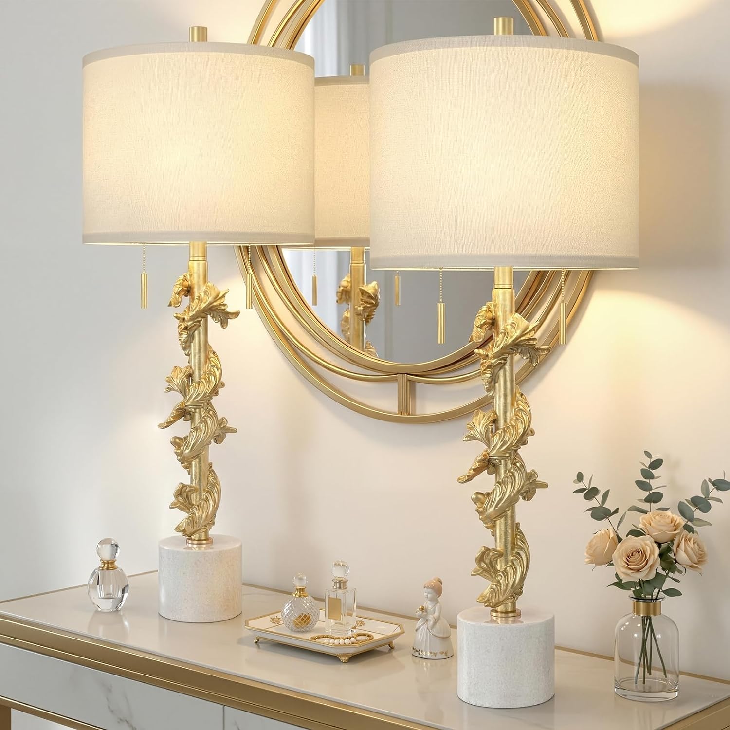 Gold Leaf Table Lamp Set of 2 - Marble base
