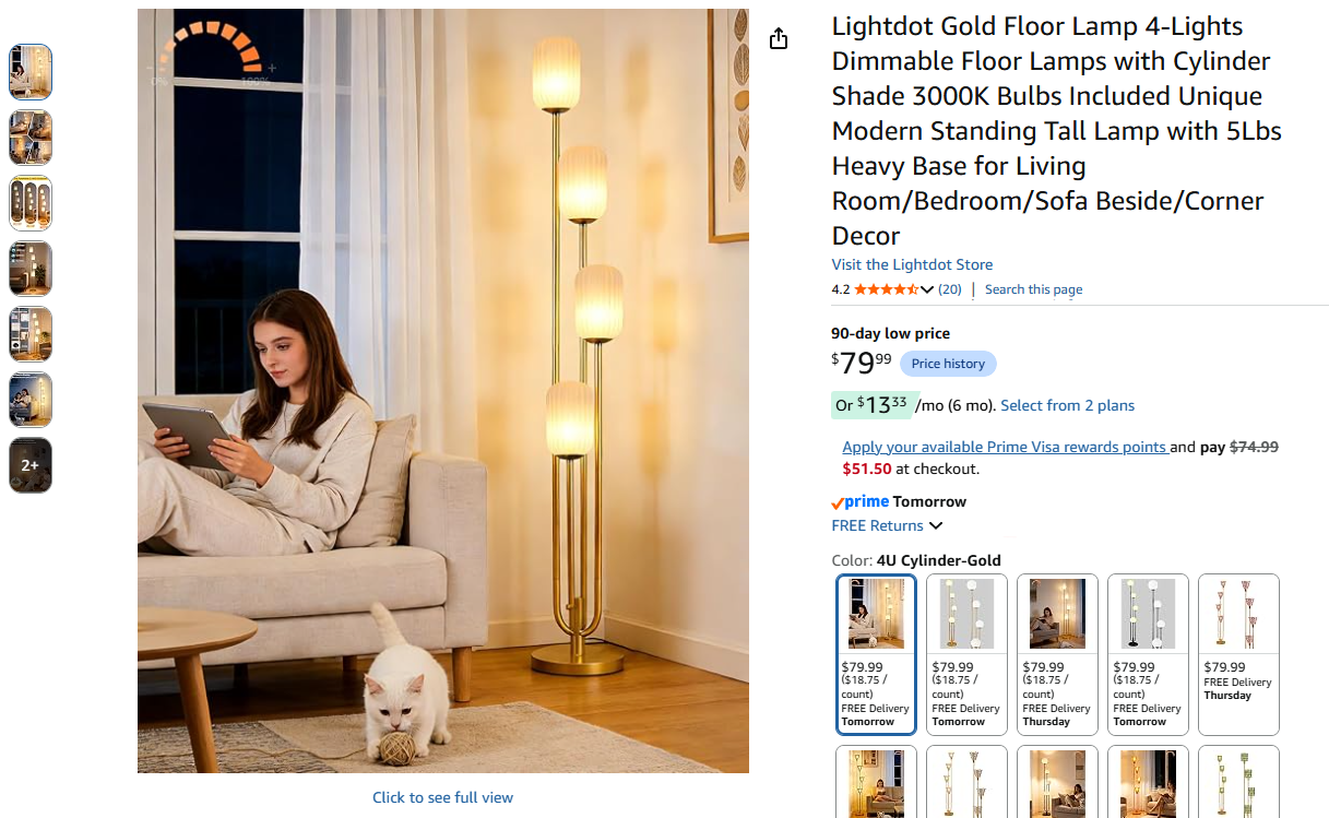 Gold Floor Lamp 4-Lights Dimmable
