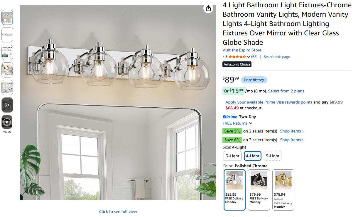 4 Light Bathroom Light Fixtures-Chrome