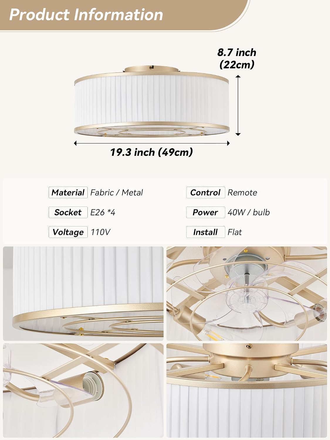 Ceiling Fan with Light Flush Mount,