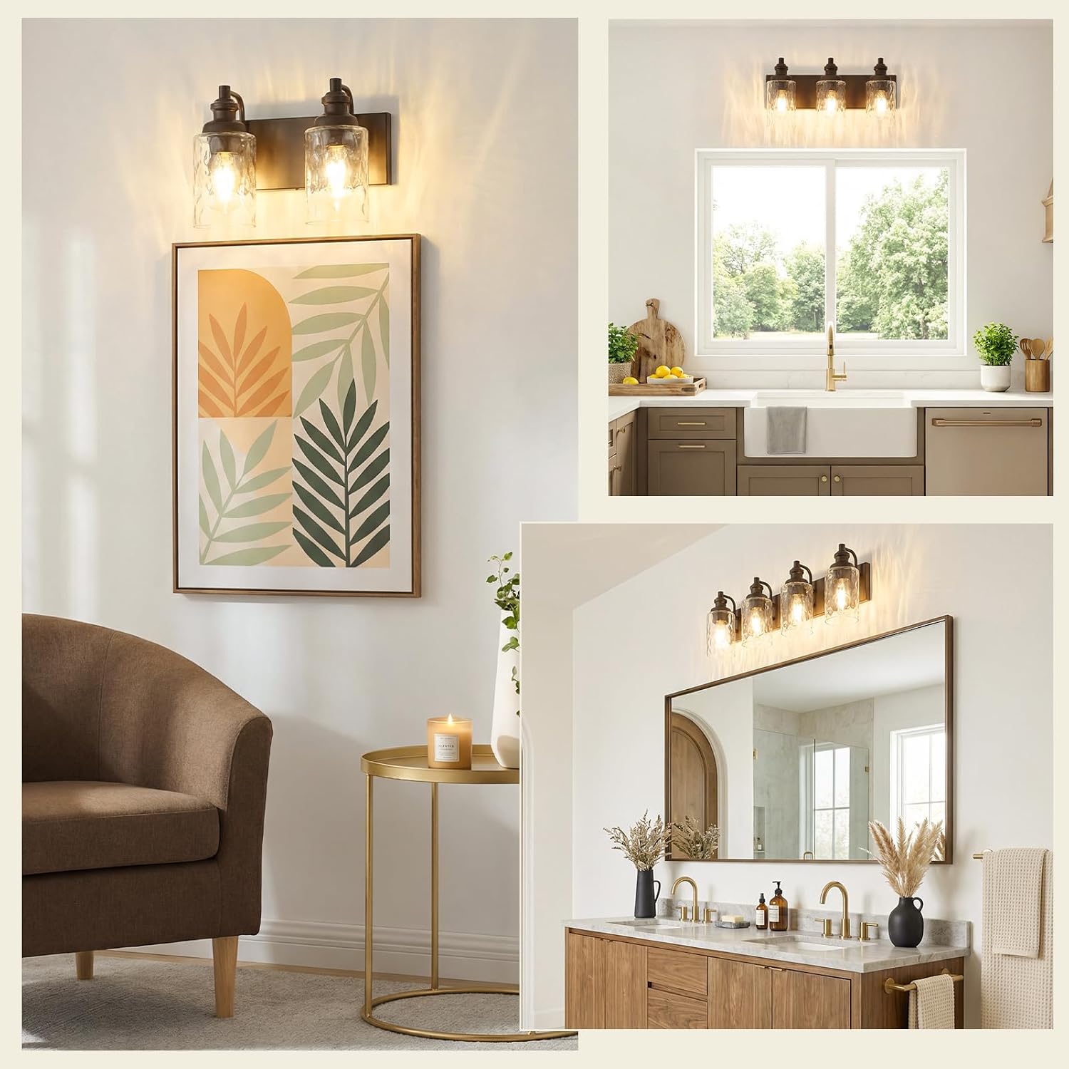 3-Light Light Fixture Bronze Oil Finish Hammered GLass
