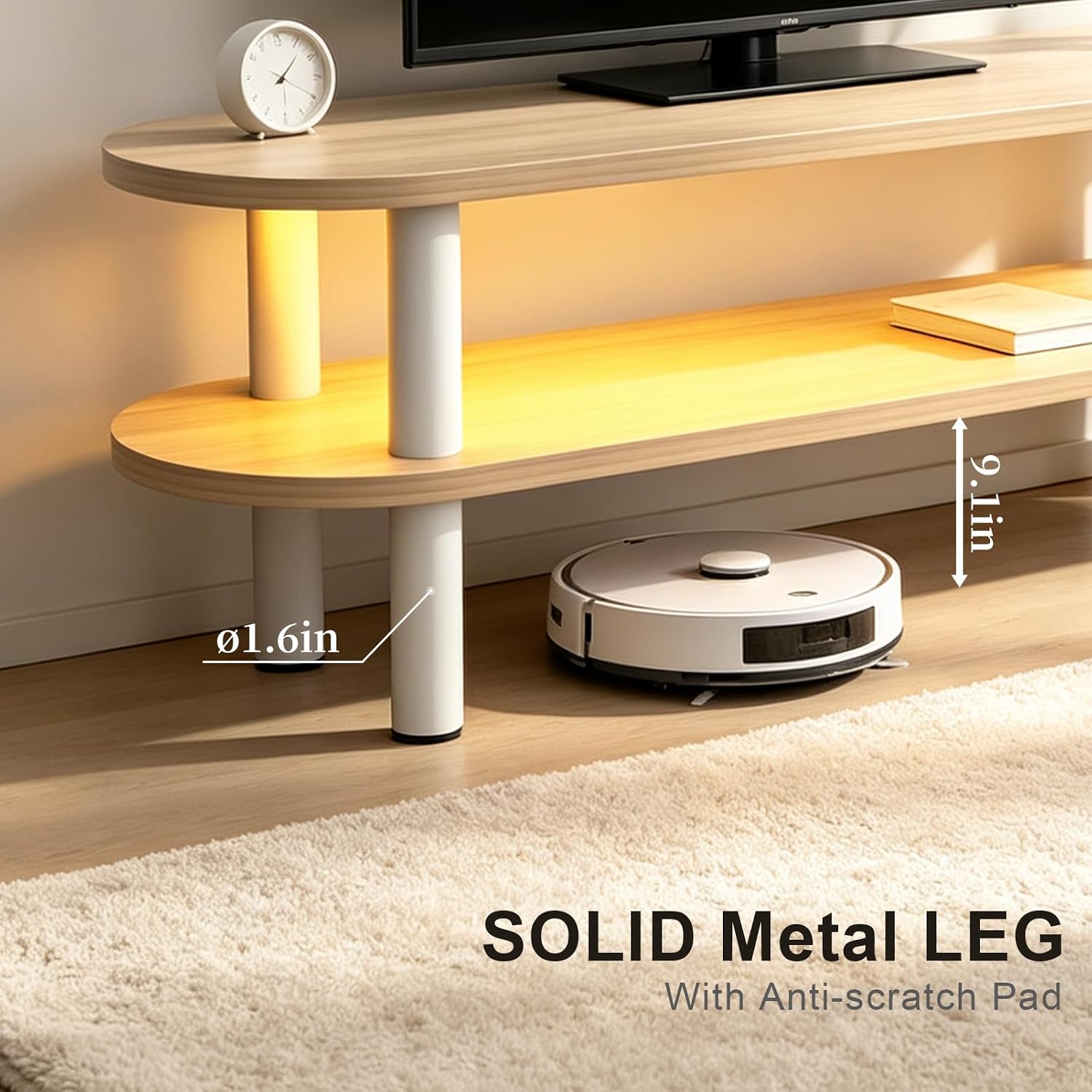 Walnut Curved TV Stand with Smart Strip Light & Power Outlet