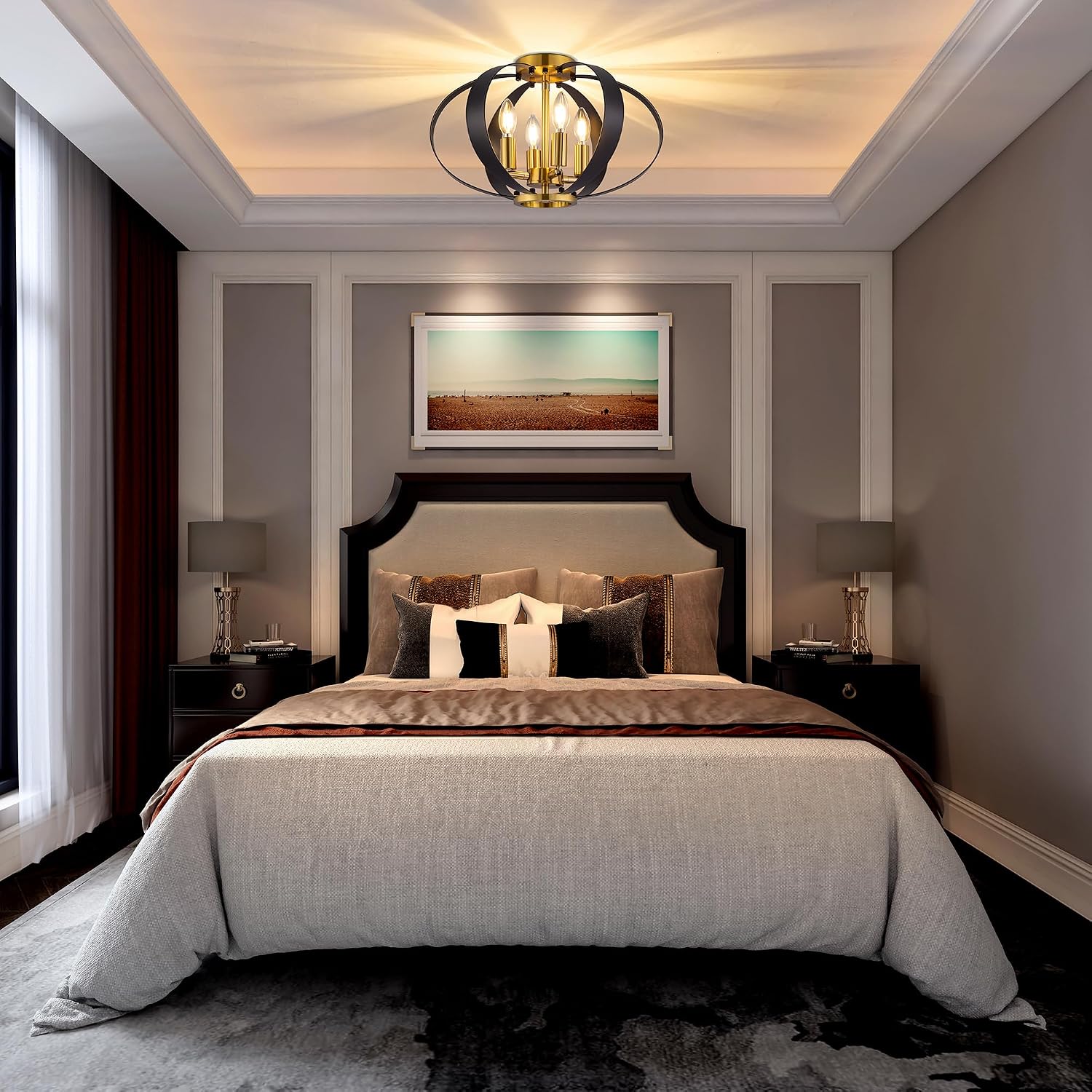 4-Light Black Gold Flush Mount Ceiling Light,
