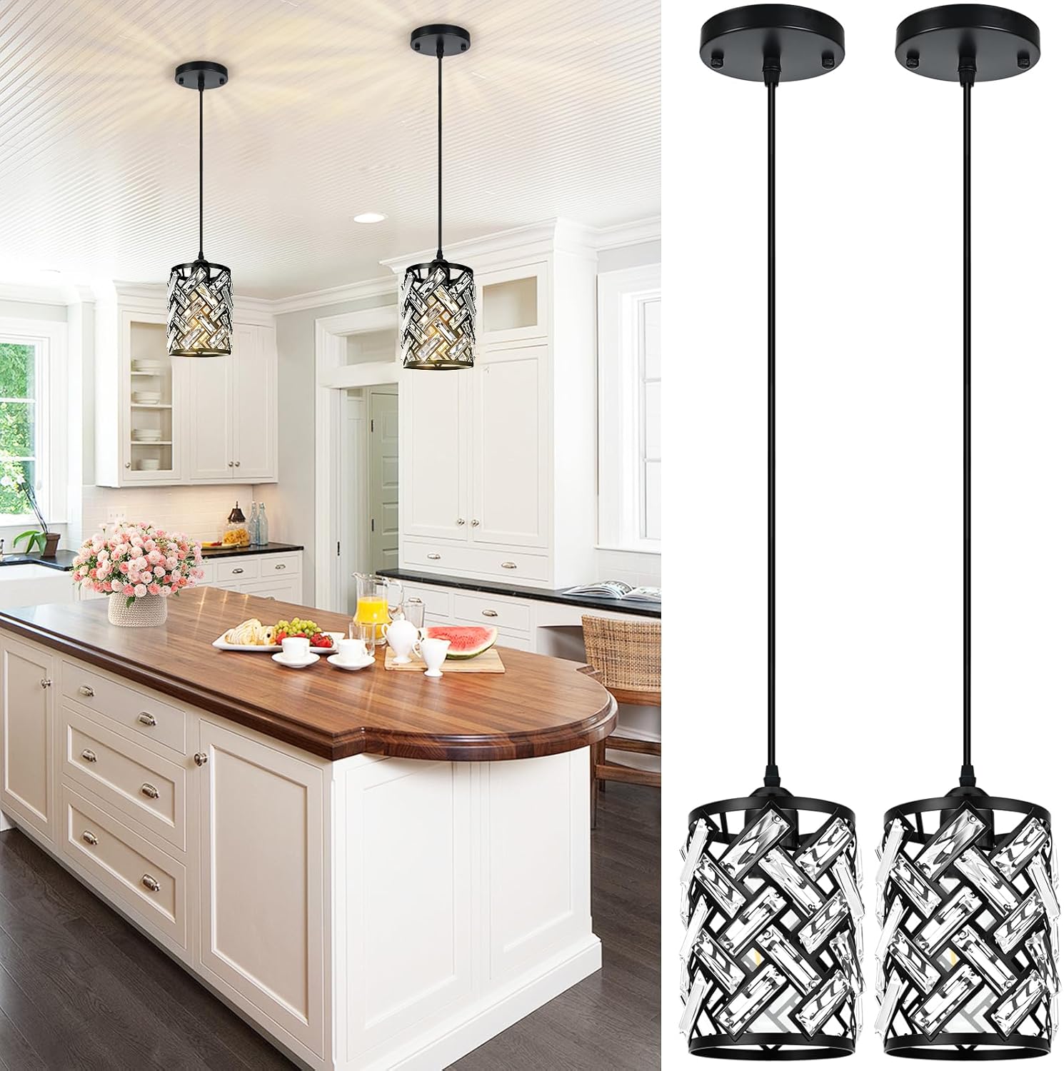 Crystal Black Pendant Lights - 2 Pack