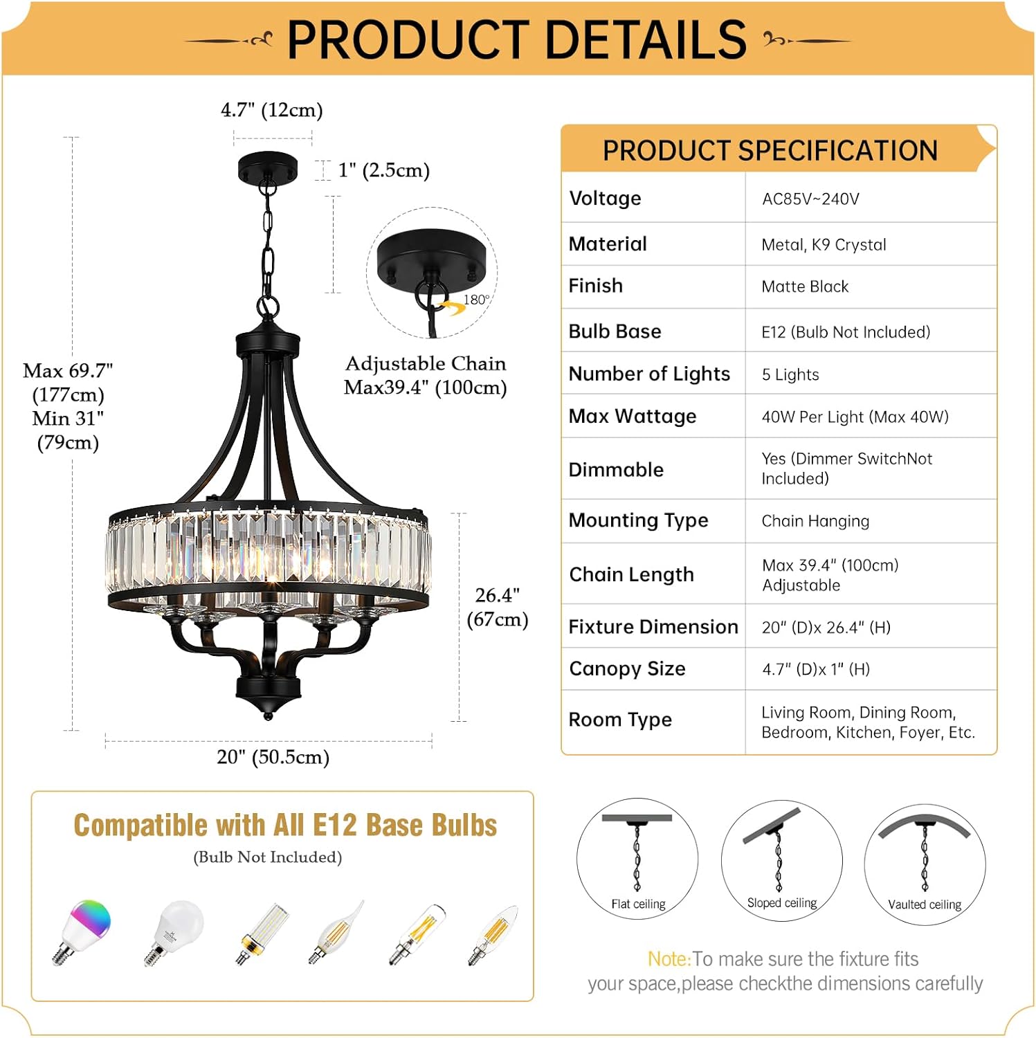 5-Light Black Crystal Chandelier