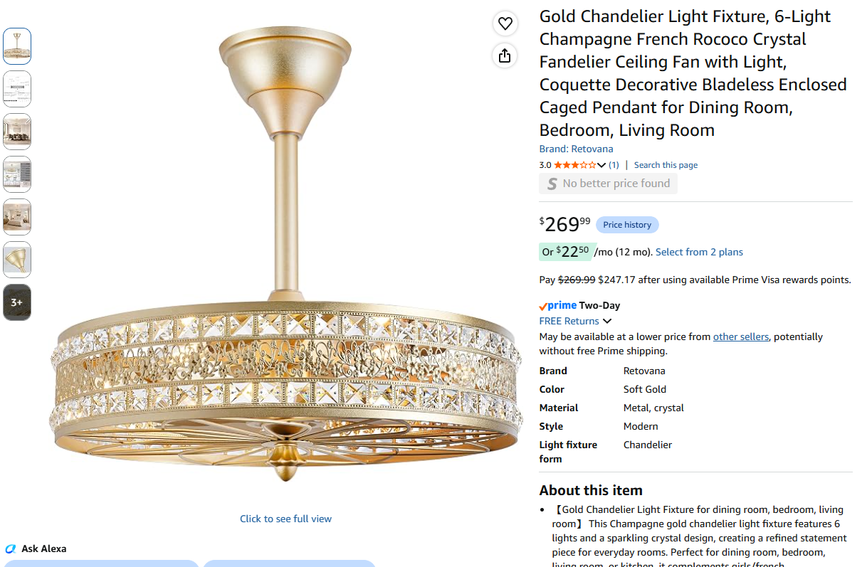 Gold Chandelier Light Fixture and Fan with remote, 6-Light