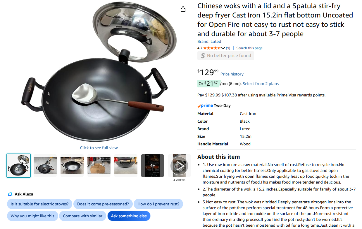 Cast Iron Chinese woks with a lid and Spatula