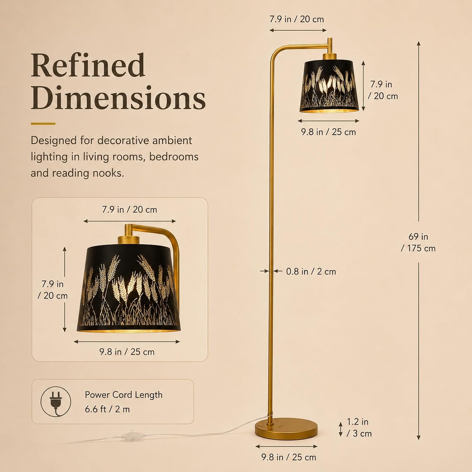 Floor Lamp with Black & Gold Wheat Cutout Metal Shade