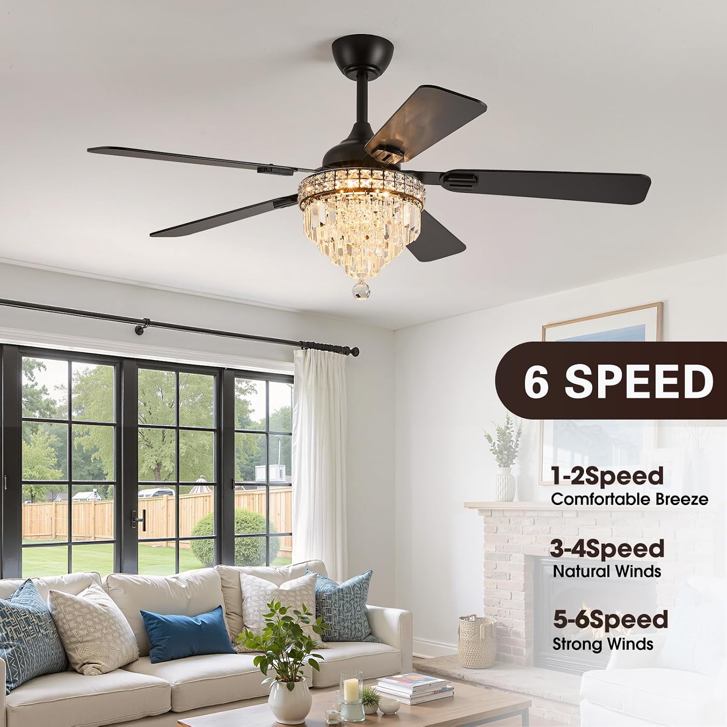 Crystal Chandelier Ceiling Fan with Lights and Remote, Black