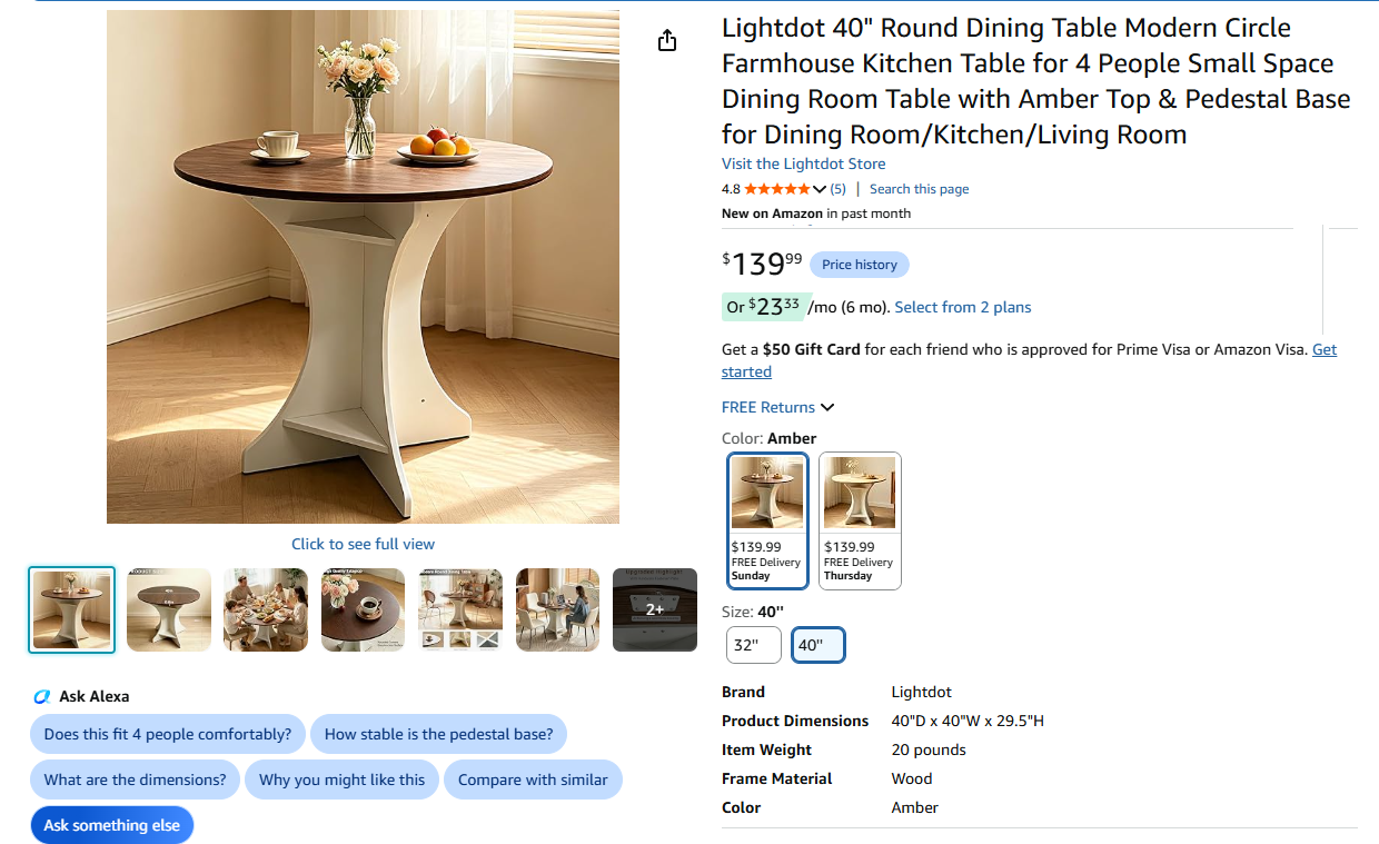 40" Round Dining Table Modern Circle Farmhouse Kitchen Table