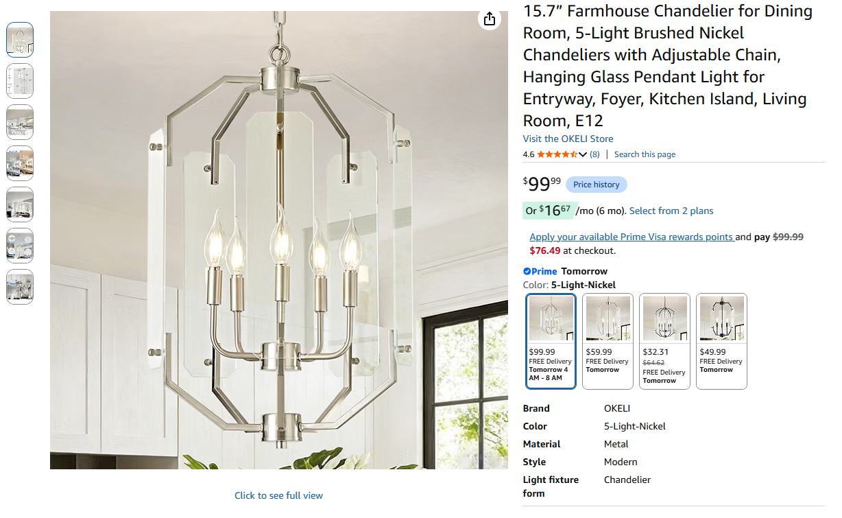 Farmhouse Chandelier for Dining Room, 5-Light Brushed Nickel