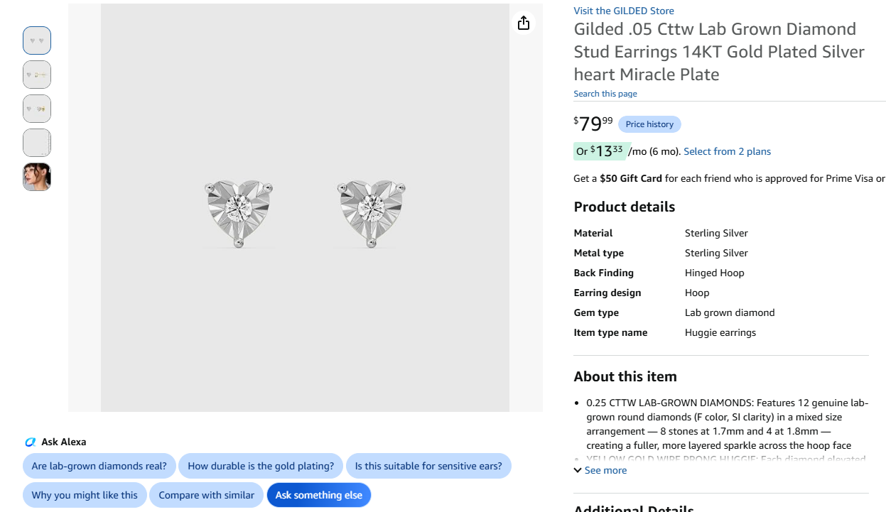 Gilded .05 Cttw Diamond Stud Earrings 14KT Gold Plated Silver heart Miracle Plate