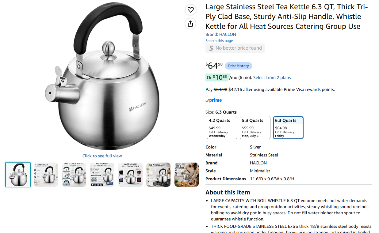 Large Stainless Steel Tea Kettle 6.3 QT