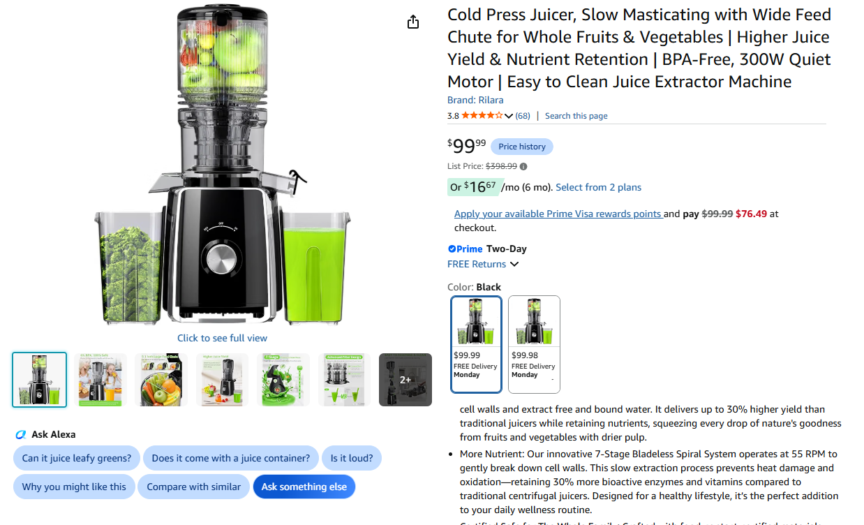 Cold Press Juicer, Slow Masticating with Wide Feed Chute for Whole Fruits & Vegetables
