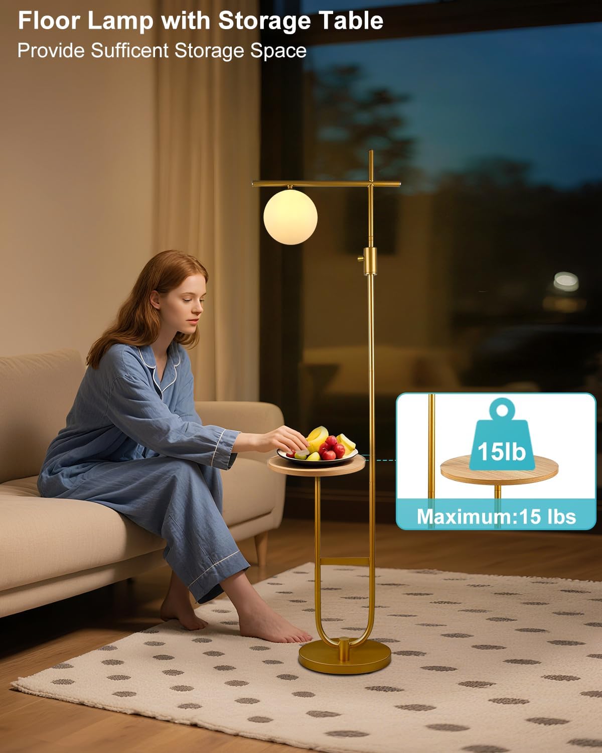 Dimmable Floor Lamp with Table Gold 66IN - Includes Bulbs