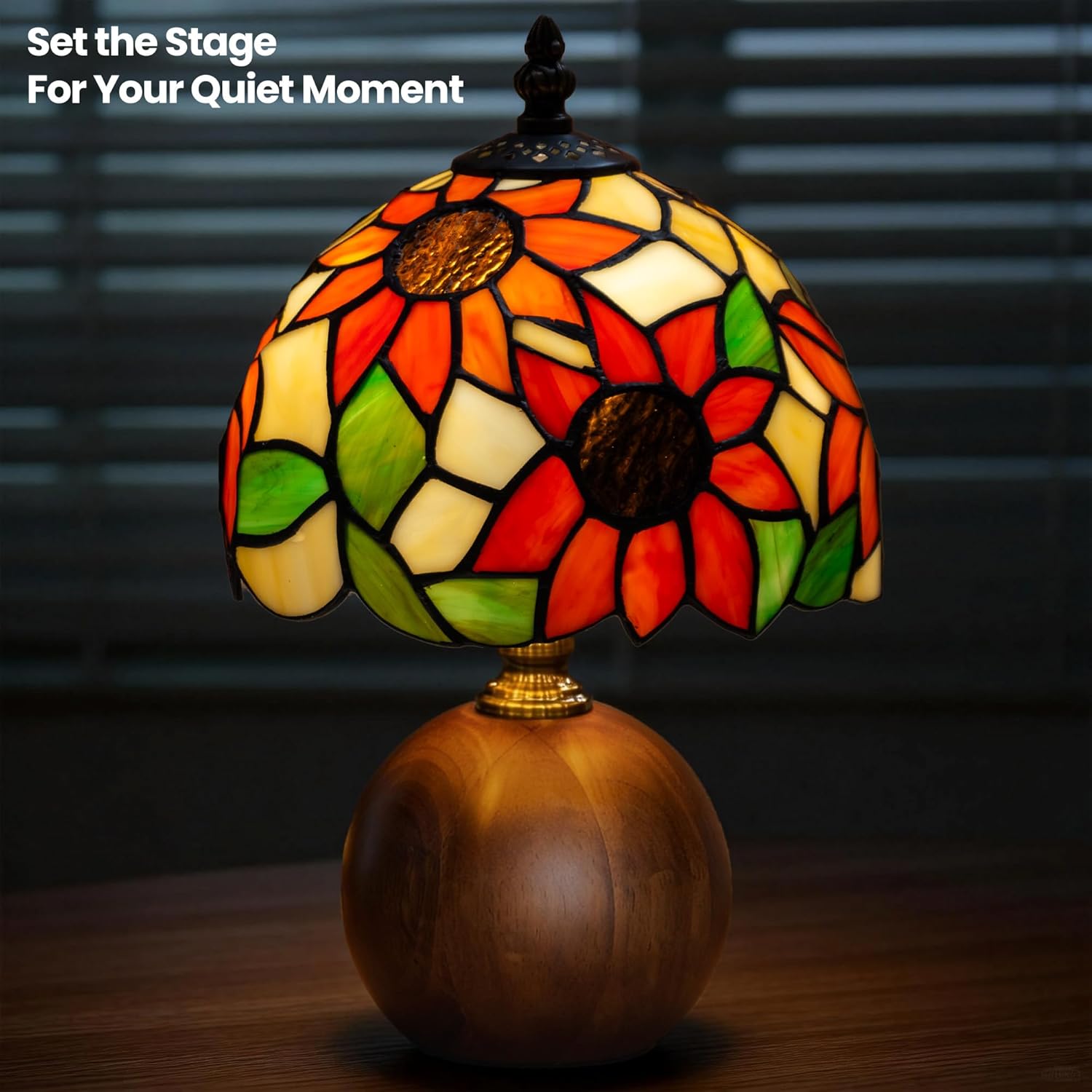 Handcrafted Sunflower Tiffany Lamp, Solid Wood