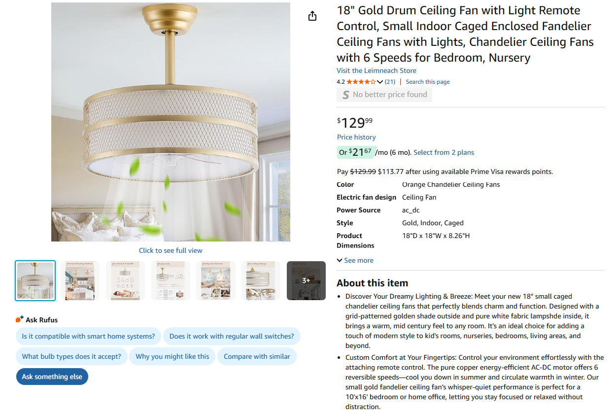Gold Drum Ceiling Fan with Light Remote Control,