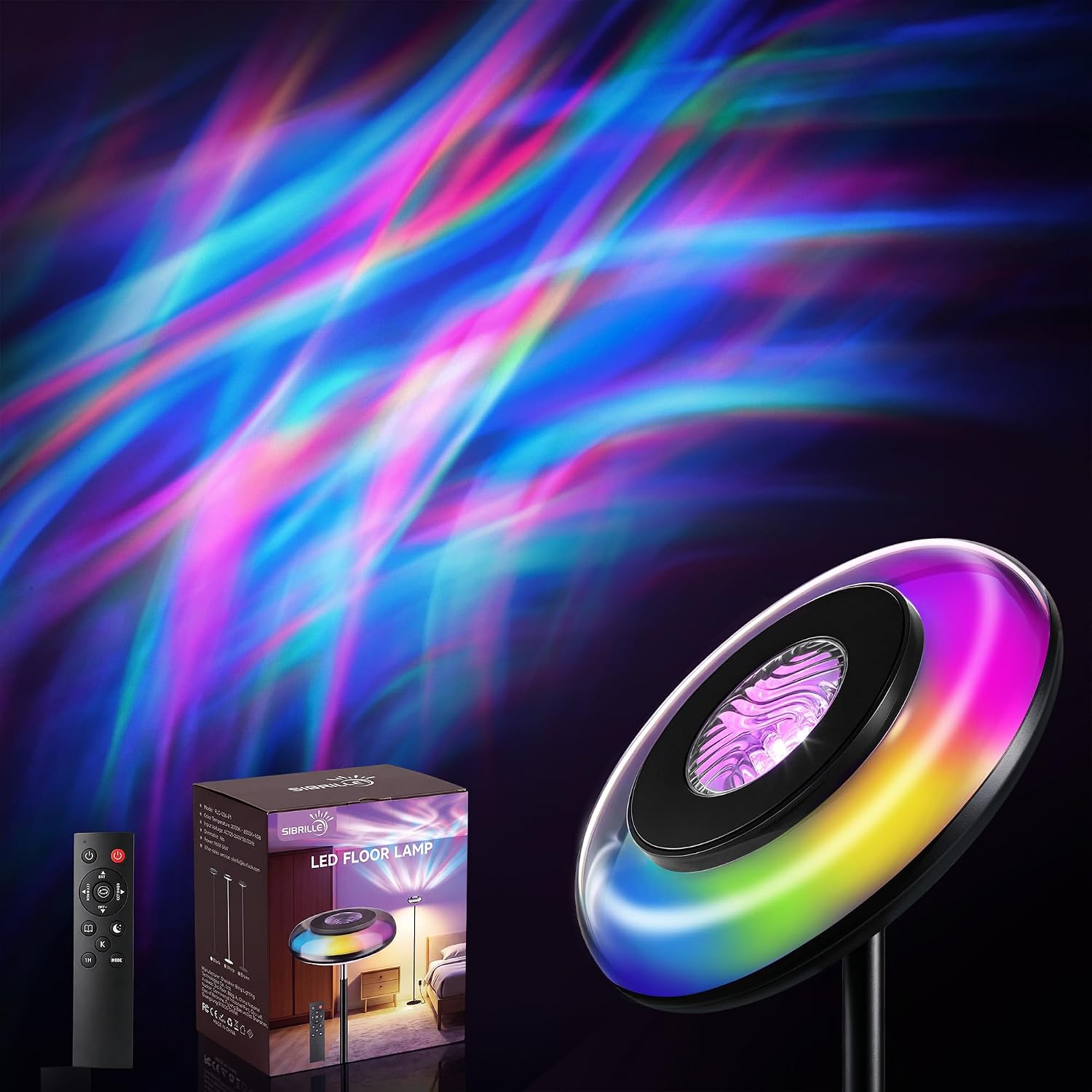 Floor Lamp with RGB Ripple Projector, 3-in-1 LED