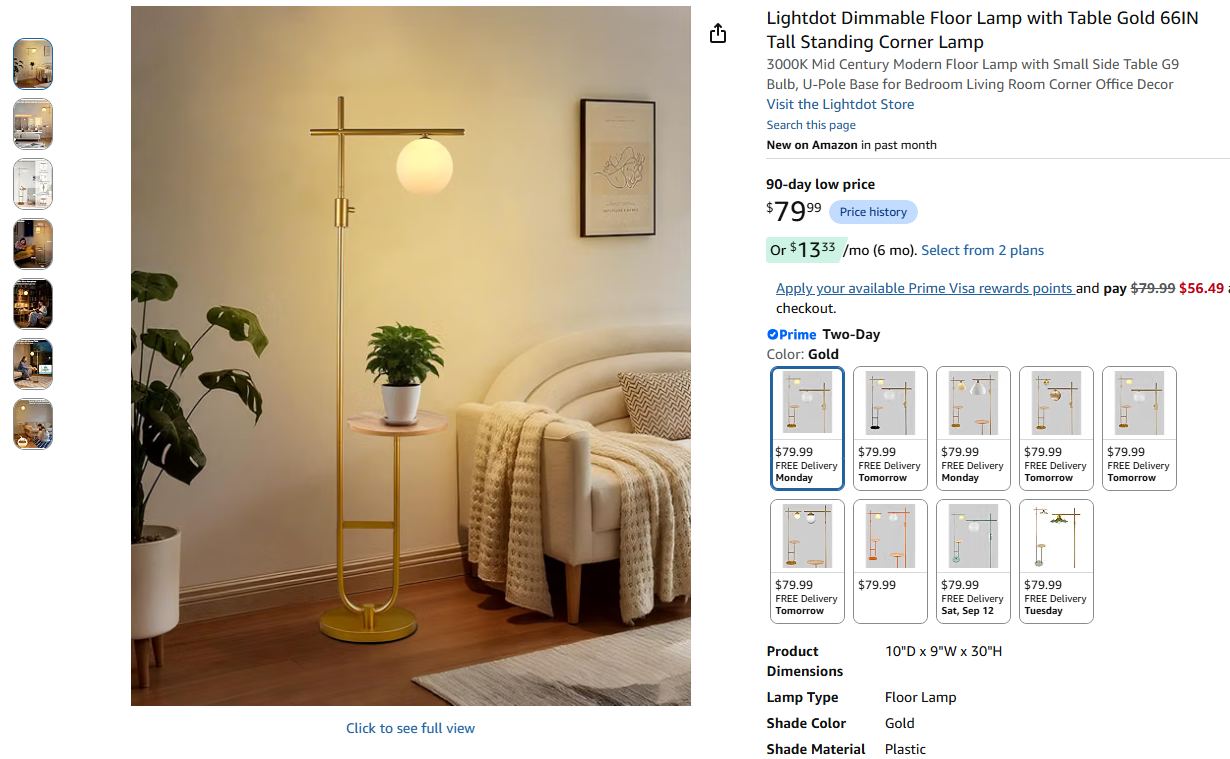 Dimmable Floor Lamp with Table Gold 66IN - Includes Bulbs