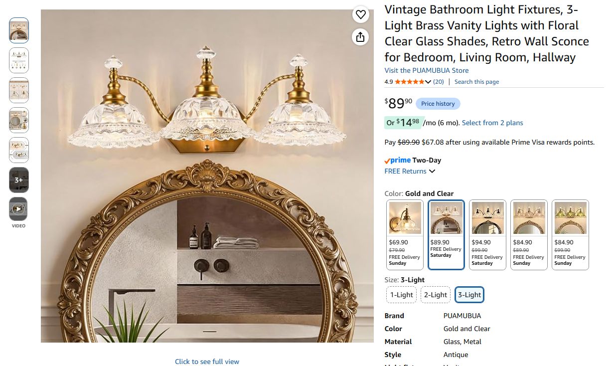 Vintage 3 Light Brass Floral
