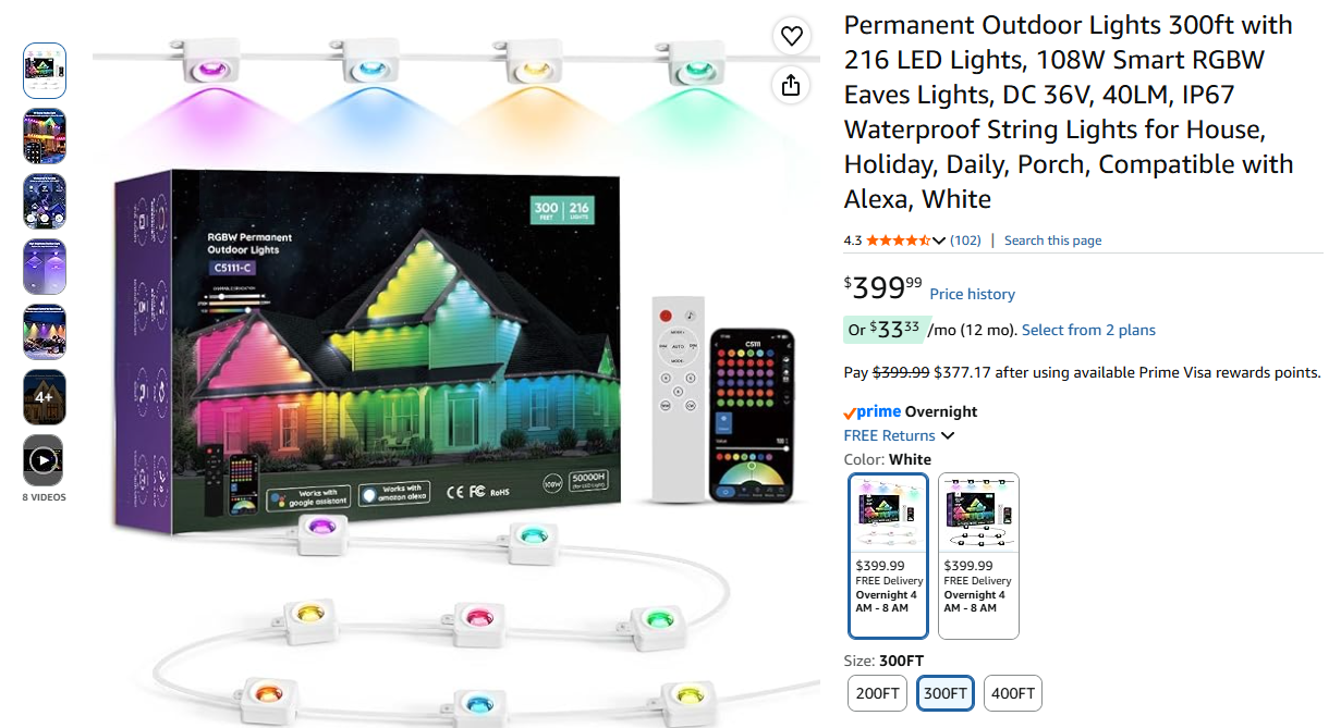 Outdoor Lights 300ft with 216 LED Lights - SRGB