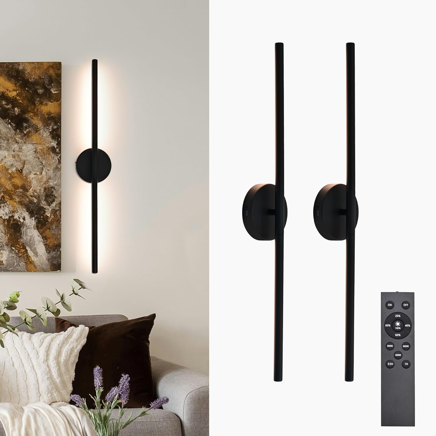 Black Battery Operated Wall Sconces Set of 2 360°