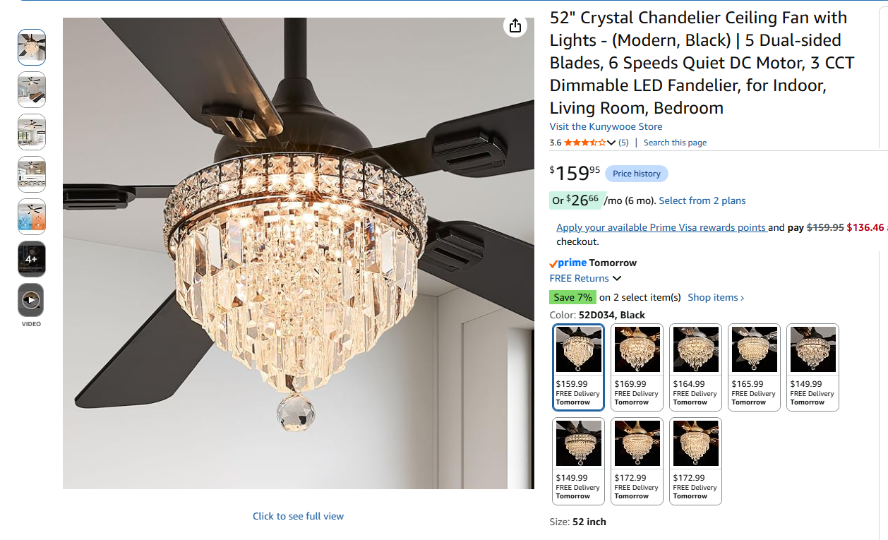 Crystal Chandelier Ceiling Fan with Lights and Remote, Black