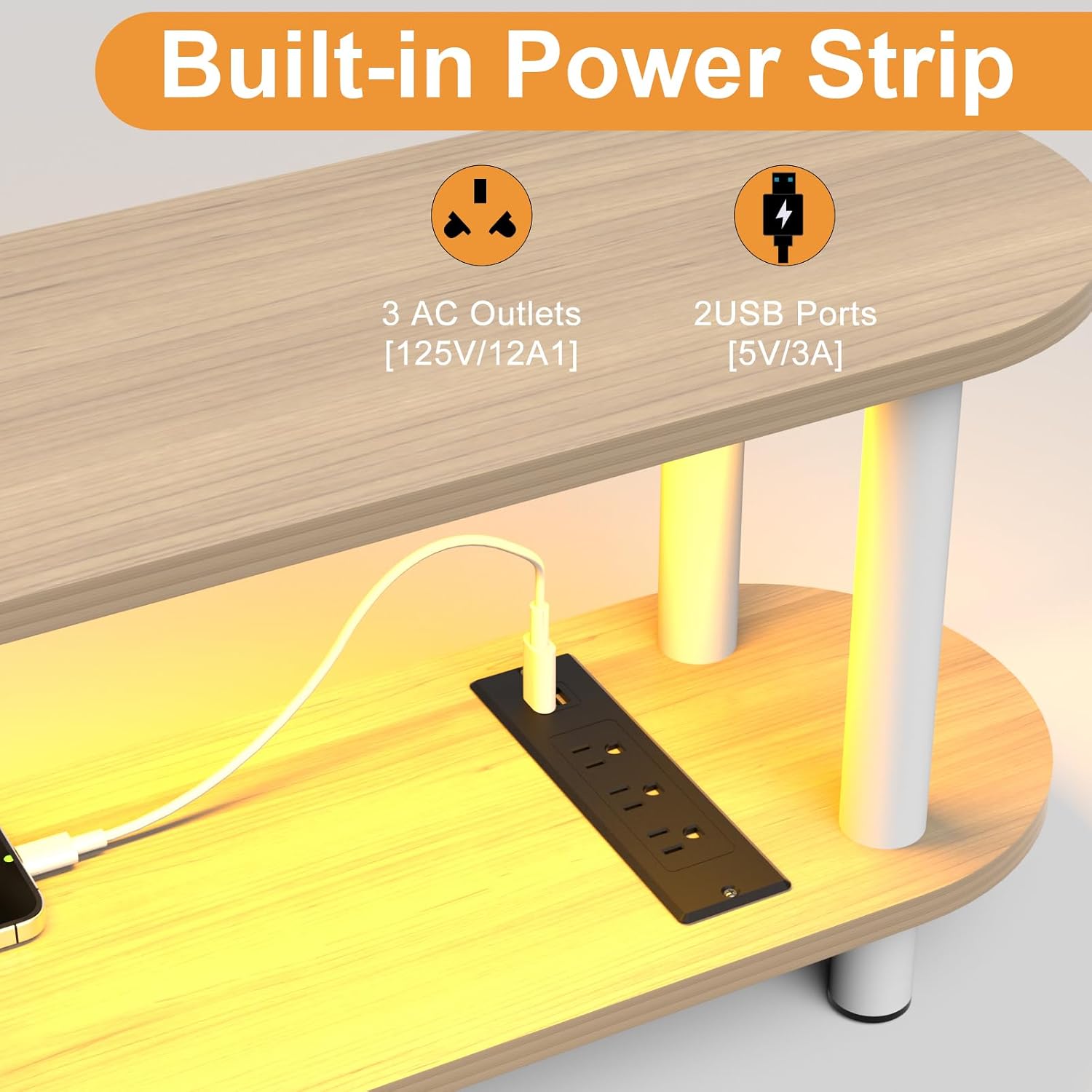 Walnut Curved TV Stand with Smart Strip Light & Power Outlet