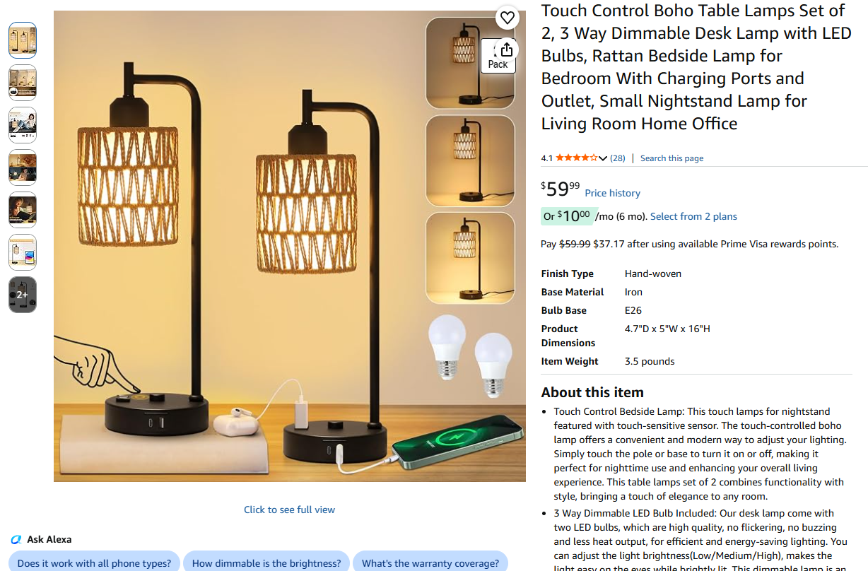 Touch Control Boho Table Lamps Set of 2,