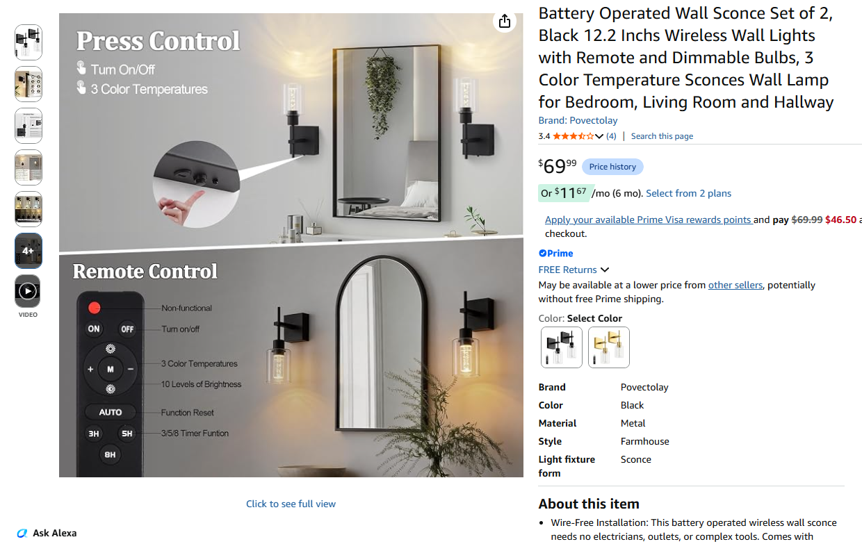 Battery Operated Wall Sconce Set of 2,
