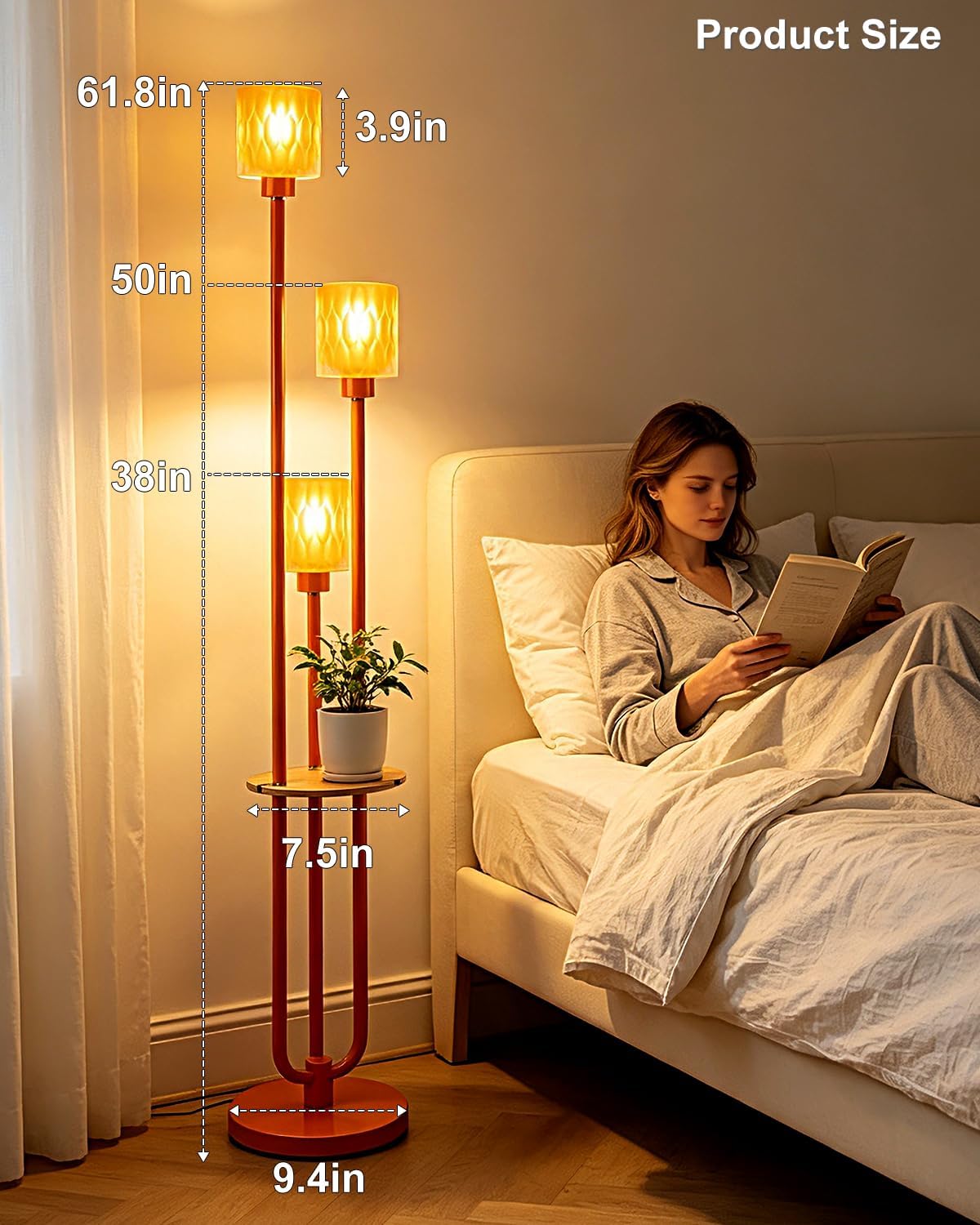 Glass Floor Lamp Dimmable 3-Light Farmhouse with shelf